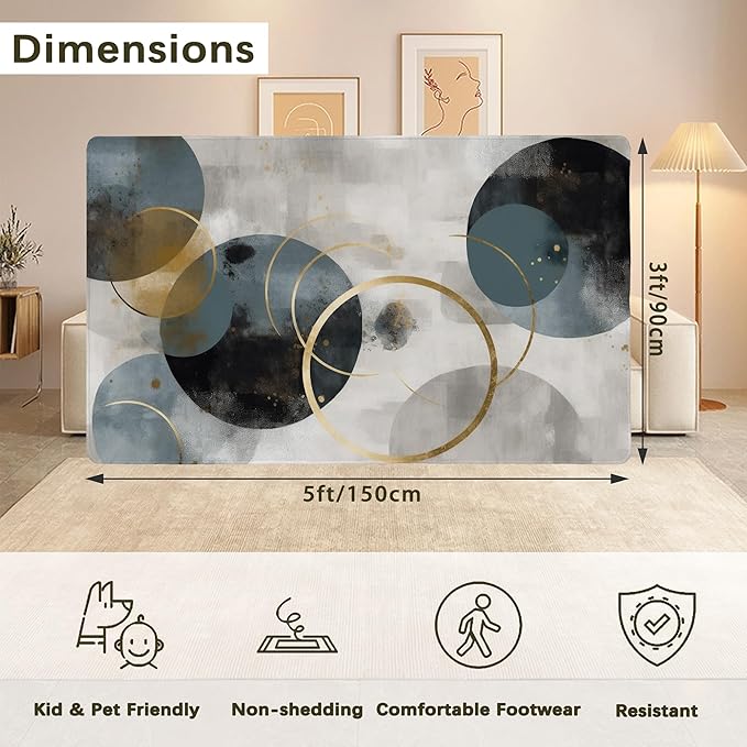 Blue Gray Modern Rug for Living Room 3x5, Low Pile Non-Slip Backing, Machine Washable Easy Fold Rug for Home, Office, Dorm Room