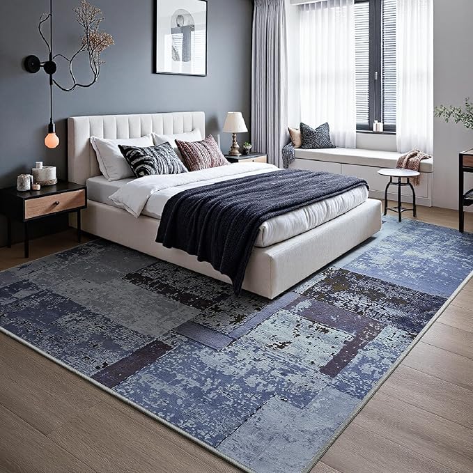 LOCHAS Rug for Living Room 6x9, Washable Soft Area Rugs for Bedroom, Abstract Carpet for Indoor Office Kids Dining Room Nursery Floor, Blue Geometric Vintage Home Decor, Non Slip, Pet Child Friendly
