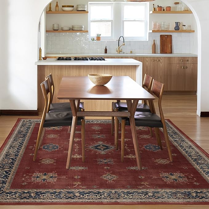 RUGGABLE Washable Vintage Area Rug – Verena Amber Red 5x7, Stain-Resistant, Non-Slip – Medium Machine Washable Rugs for Living Room, Bedroom, Hallway, Entryway & Office–with Standard Pad