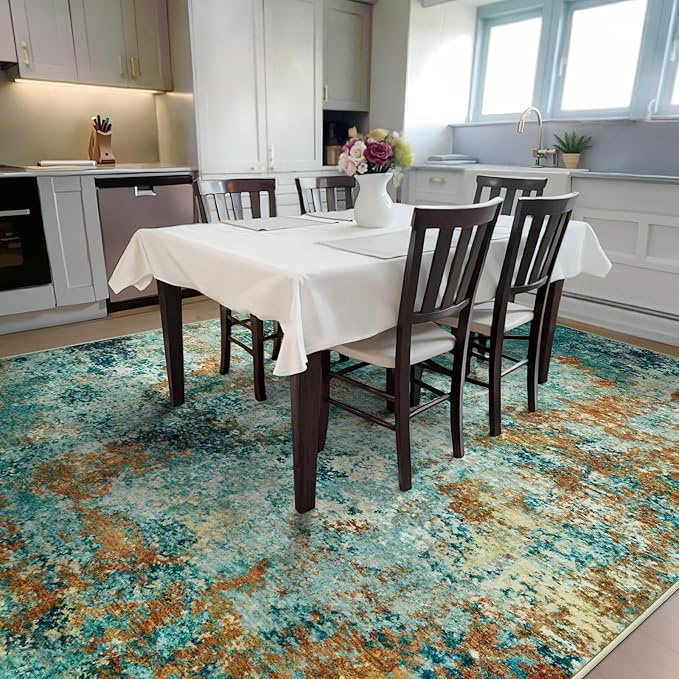 Washable Area Rug 5x7 - Neutral Modern Abstract Rugs, Soft Non Slip Thin Carpet with for Bedroom, Under Dining Room Table, Home, Office, Dorm, Office Rolling Chair - Teal Brick