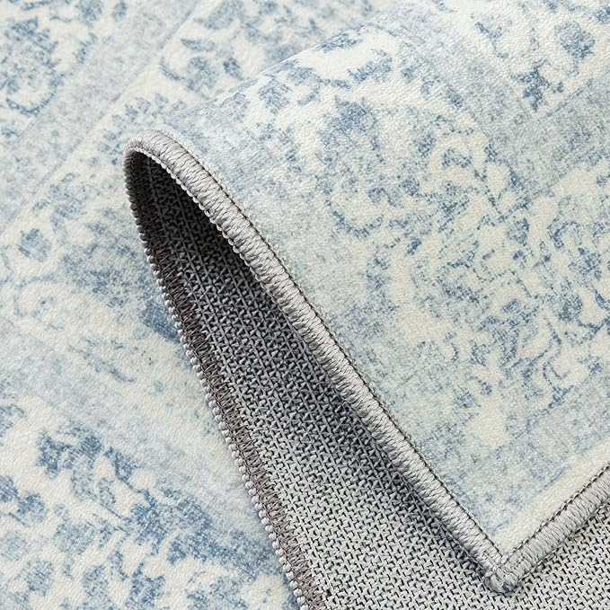 Blue Area Rug 5x7 Machine Washable Vintage Living Room Distressed Non Slip Carpet Traditional Indoor Bedroom Retro Floral Accent Throw Large Rug Office Kitchen Bathroom Dining Room