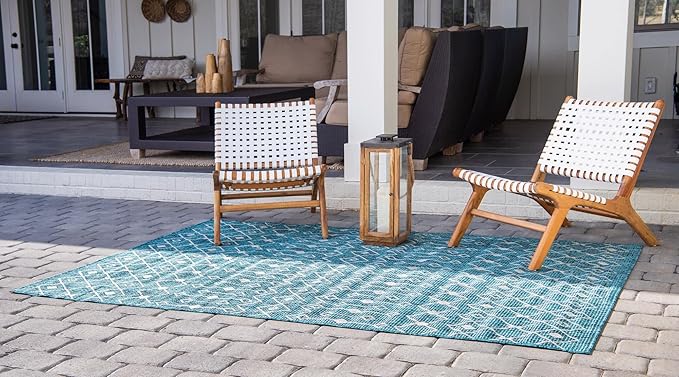Unique Loom Outdoor Trellis Collection Area Rug - Tribal Trellis (10' x 14' 1" Rectangle, Teal/ Ivory)