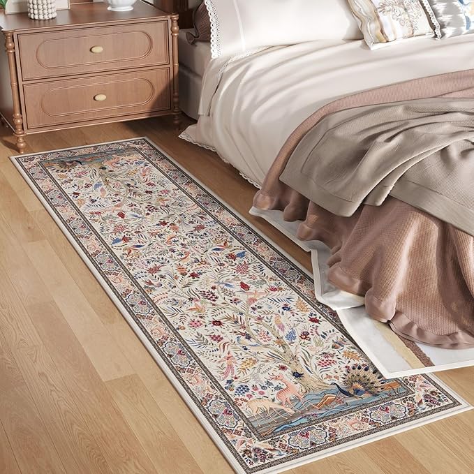 Rugcomf Runner Rug 2x6 Vibrant Tree of Life-Patterned Vintage Kitchen Rugs Non Slip Washable Soft Carpet Runner for Laundry Bedroom Bathroom, Beige