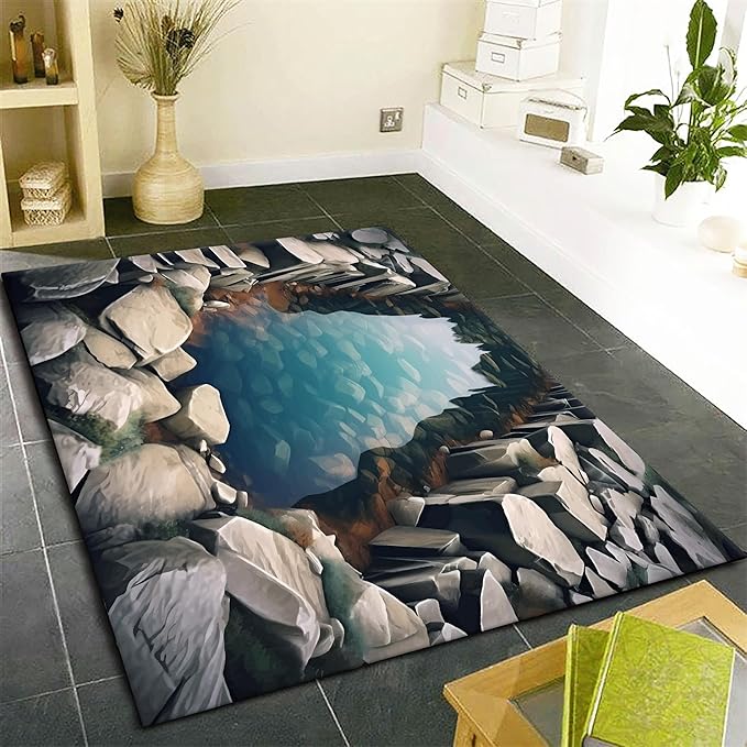 Visual Illusion Canyon Living Room Rug, 4x5ft, 3D Visual Effect Stream Indoor Throw Mat, Stone Crack Ultra Soft Home Decor Carpet, Thin Low Pile Machine Washable Rugs for Entrance