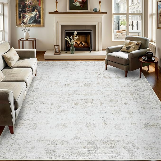 Washable 5×7 Area Rug for Living Room, Vintage Floral Rug Soft Non Slip Stain Resistant Boho Carpet for Bedroom Dinning Room Kitchen Home Office 02 Beige