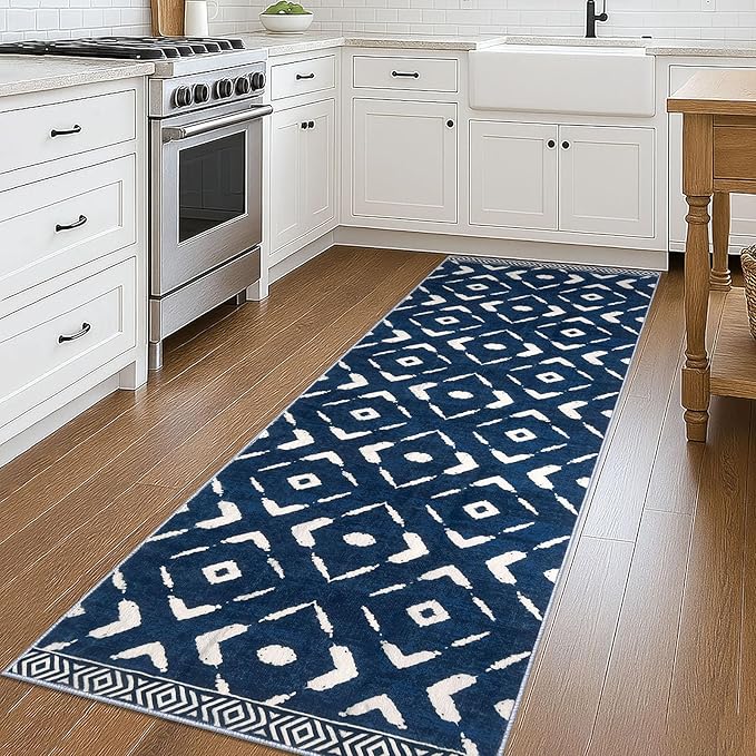 KILOCOCO Hallway Runner Rug 2.6'x8' Runners for Hallways Washable Runner Soft Non Slip Printed Geometric Low-Pile Rugs Runners for Bedroom Kitchen Living Room Boho Rugs, Blue