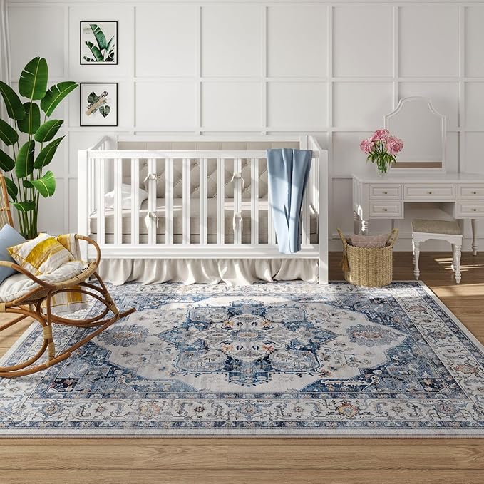 Rugcomf Vintage Medallion 4'x6' Rug - Machine Washable Area Rug, Non-Slip Low Pile Boho Carpet for Girl/Boys Room, Living Room, Kids, Entry - Blue