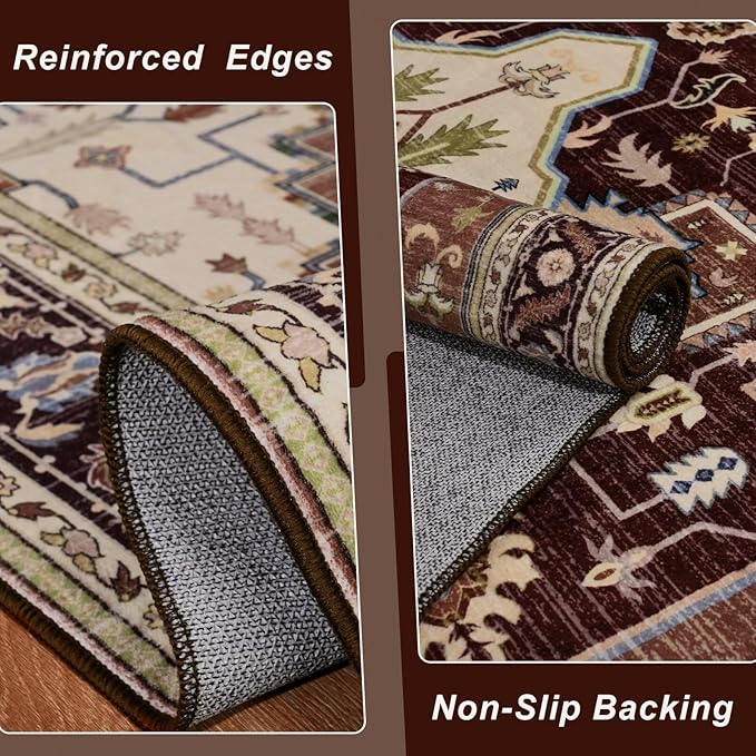 3x5 Mousse Brown Area Rug for Living Room, Machine Washable Rugs with Non-Slip Backing for Bedroom, Vintage Medallion Carpet Kitchen Laundry Kids Room Decor