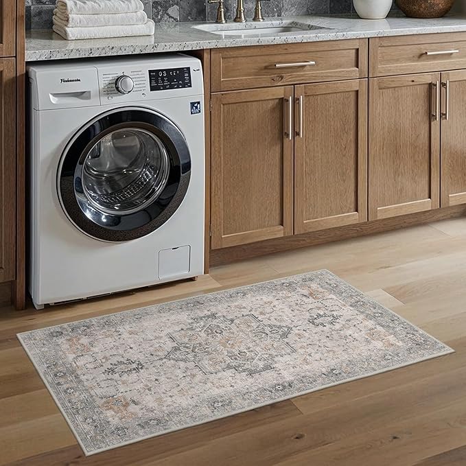 Runner Rug 2'6''x4, Non Slip Hallway Runner Rugs, Low Pile Lightweight Machine Washable Vintage Rug for Hallway, Entryway, Bedroom, Kitchen and Corridor,Light Taupe Brown