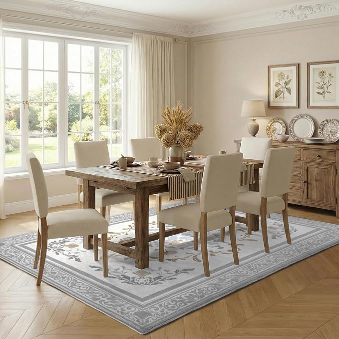 SOULFUL Medium Pile 8x10 Rugs for Living Room - Cozy Soft Underfoot Large Area Rug - Light Taupe Boho Floral - Washable Non-Slip - Perfect for Bedroom Kids Room Under Dining Table Office