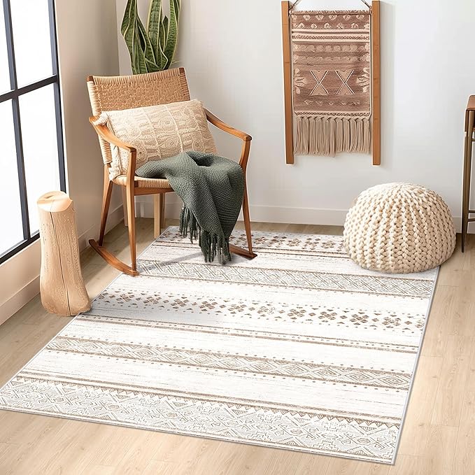 BESTSWEETIE 3x5 Area Rugs for Living Room Washable Moroccan Farmhouse Neutral Geometric Low Pile Non-Slip Soft Print Pattern Rug for Bedroom Kitchen Dining Room Entryway Cream/Brown/Pink