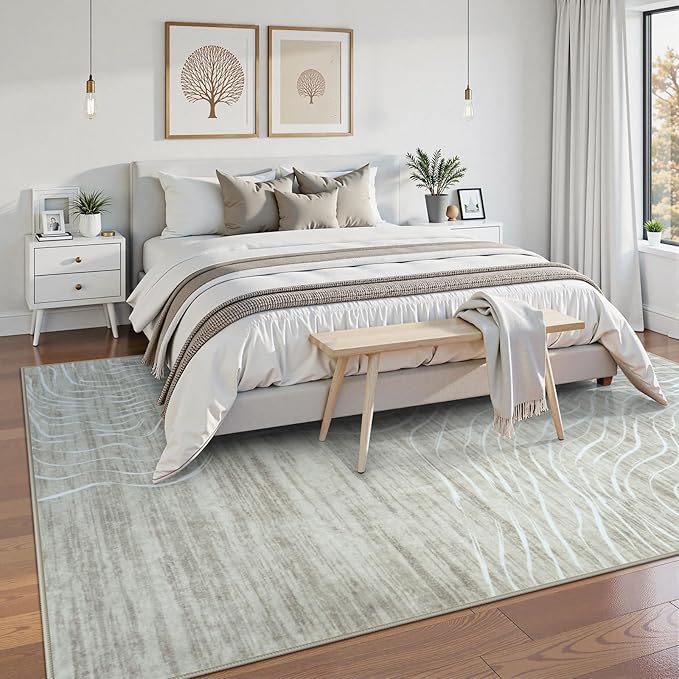 LIVEBOX Machine Washable Modern Abstract 6x9 Area Rug Clearance, Non Slip Large Bedroom Living Room Nursery Girl Rug Minimalist Wave Striped Neutral Boys Rug, Carpet for Playroom(Beige,6'x9')