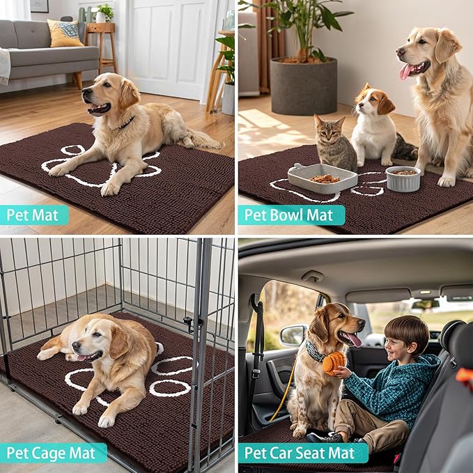 Smiry Dog Door Mat for Muddy Paws, Absorbent Dirt Trapper Non Slip Quick Dry Washable Chenille Mat for Mud Dogs, Entry Rug for Indoor and Outdoor (70x24 Inches, Brown and White)