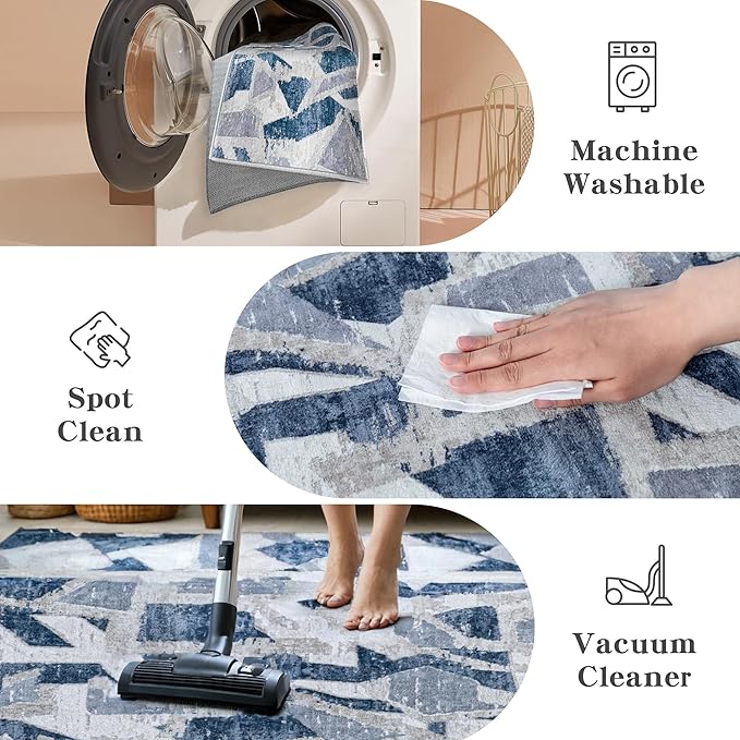 Blue 6X9 Area Rugs for Living Room Bedroom,Modern Abstract Large Carpet Washable Rugs 6X9 for Dining Room Office,Non Slip Print Faux Wool Thin 6 by 9 Indoor Nursery Kids Home Pet & Child Friendly