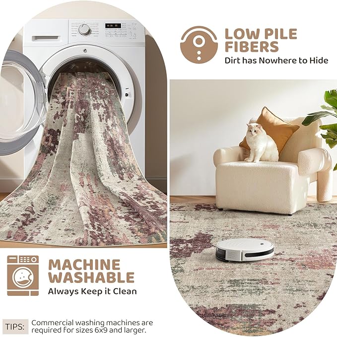 8x10 Area Rug Living Room Rugs - Washable Neutral Modern Abstract Soft Thin Rug Indoor Floor No Slip Rug Carpet for Bedroom Under Dining Table Home Office Decor - Purple/Green/Beige
