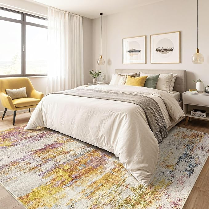 6x9 Area Rugs Living Room: Washable Large Abstract Modern Soft Stain Resistant Indoor Floor Rugs Non Slip Accent Carpet for Bedroom Nursery Playroom Office Dining Room Dorm Home House- Gold Colorful