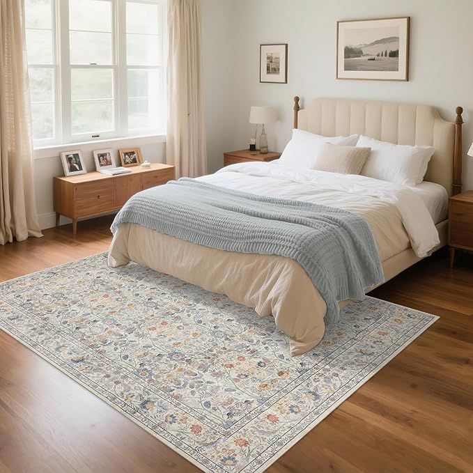 Washable Living Room Rug: 6x9 Boho Floral Soft Area Rug for Bedroom Decor - Vintage Low Pile Thin Carpet for Dining Room Non-Slip - Farmhouse Stain Resistant Rugs - Beige Blue