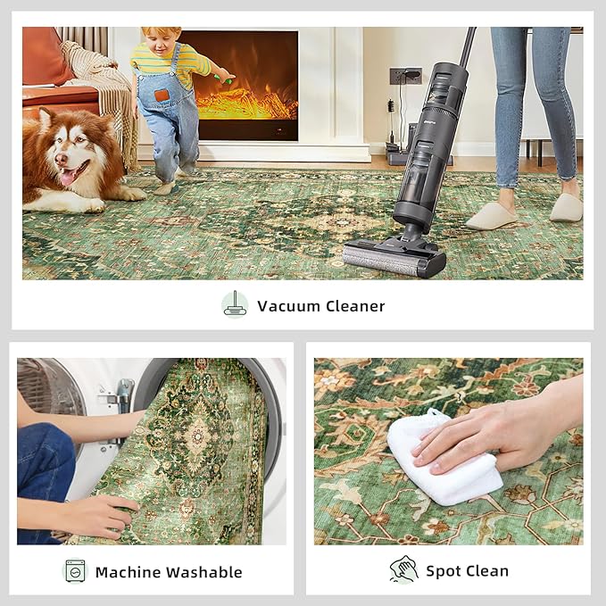 Green Rugs for Bedroom Area Rugs 7x9 Washable Rugs Boho Vintage Oriental Large Foldable Faux Wool Carpet for Living Room Nursery Room Dorm Kids Playroom Home Office
