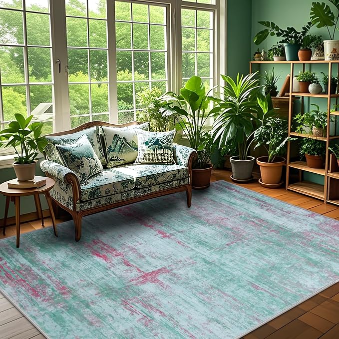 5x7 Abstract Area Rugs for Living Room, Modern Washable Indoor Rug for Bedroom, Thin Soft Large Non-Slip Carpet for Dining Room Home Office Farmhouse Decor - Abstract Green Red