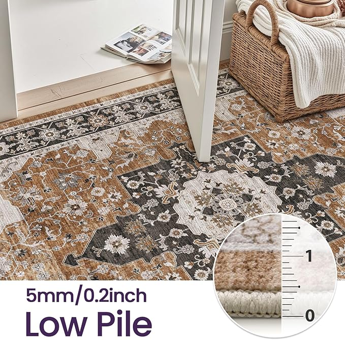 DEXI 4x6 Area Rug for Living Room, Washable Vintage Farmhouse Thin Rug Indoor Floor, Non Slip Stain Resistant Low Pile Carpet for Dining Room Bedroom Office, Brown