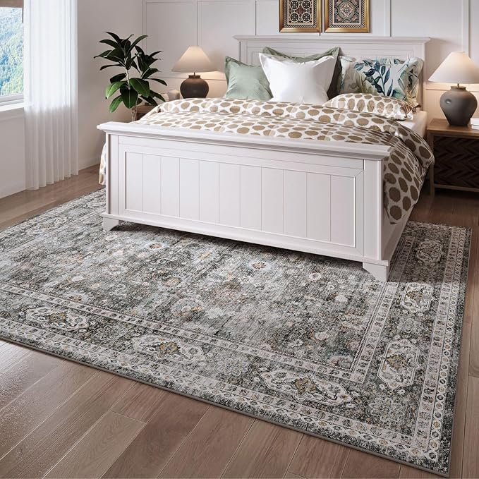 Rugcomf Living Room Rug 6x9 Rug Machine Washable Boho Soft Area Rug Non Slip Vintage Low Pile Large Rug for Living Room, Bedroom, Farmhouse, Dining Room, Kids Playroom(Grey)