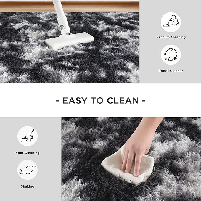 Andency Area Rugs 9x12 for Living Room Home Decor, Large Shaggy Bedroom Carpet, Non-Slip Big Shag Indoor Thick Soft Fluffy Furry Fur Area Rugs for Kids Dorm Nursery Aesthetic, Tie-Dyed White Black