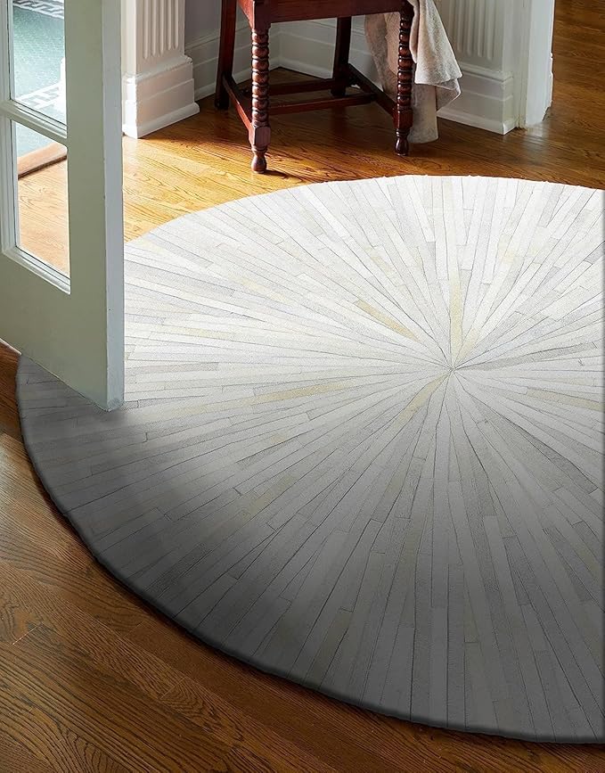 Faux Cowhide Round Area Rug | Non-Slip Leather Floor Carpet for Living Room, Bedroom, and Home Décor | Modern Stylish Accent Rug(White_9x9)