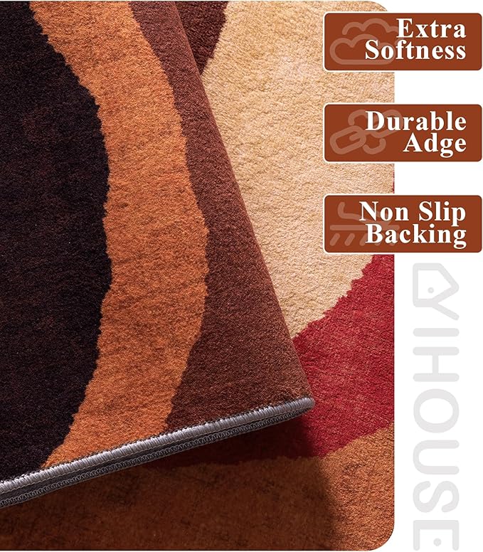 YIHOUSE Burnt Orange Rug 5x7 Washable,Farmhouse Brown Retro Carpets,Geometric Abstract Wavy Rug for Bedroom,Unique Colorful Rugs for Living Room,Dining Room,Alfombras para Salas