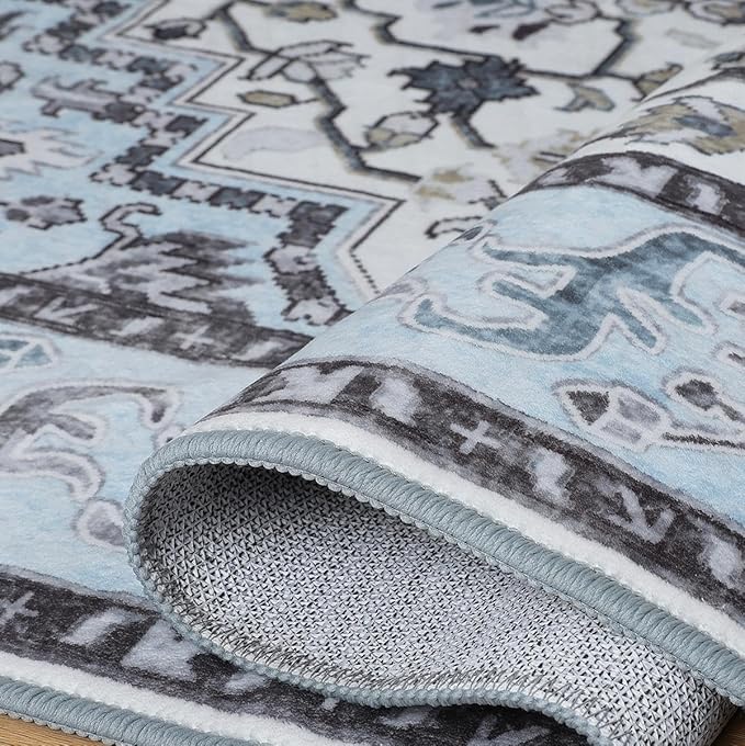 Washable Area Rug 3x5 , Low Pile Super Soft Carpet, Vitnage Distressed Rug for Bedroom, Living Room, Dining Room, Non-Slip, Low Pile, Blue