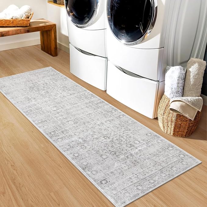 LIVEBOX 2x6 Washable Runner Rug - Kitchen Rug Runner Entryway Rugs, Low-Pile Vintage Grey Rugs for Bedroom, Non-Skid Soft Carpet for Bathroom Hallway
