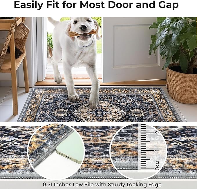 KOZYFLY Boho Area Rug 8x10 Ft Thin Rugs for Living Room Washable Bedroom Rug Non Slip Rugs for Living Room Gold Navy Printed Faux Wool Vintage Bedroom Rug Floor Carpet for Dining Room