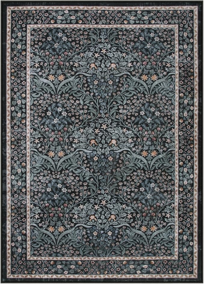 Lahome Floral Area Rugs 5x7, Soft Washable Rugs for Living Room Bedroom, Boho Non Slip Low Pile Forest Design Large Throw Carpet for Farmhouse Dining Room Office, Black