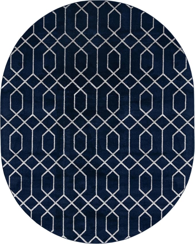 Unique Loom Glam Collection Area Rug - Trellis (7' 10' x 10' Oval, Navy Blue Silver/ Silver)