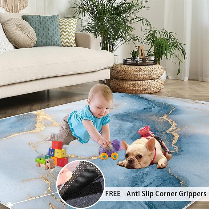 5x6 Abstract Marble Rugs for Office - Blue-White-Marble Living Room Carpet, Luxury Stone Pattern Bedroom Area Rug Kids Low Pile Rug for Indoor Outdoor Hardwood Floors Home Decor