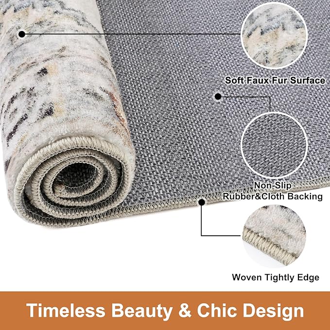 COMSLE Boho Runner Rug, 2x6 Washable Rugs for Hallway Faux Wool Small Throw Rug Distressed Kitchen Area Rug Non-Slip Laundry Room Rug Carpet Runner for Entryway Indoor Bedroom (Khaki)