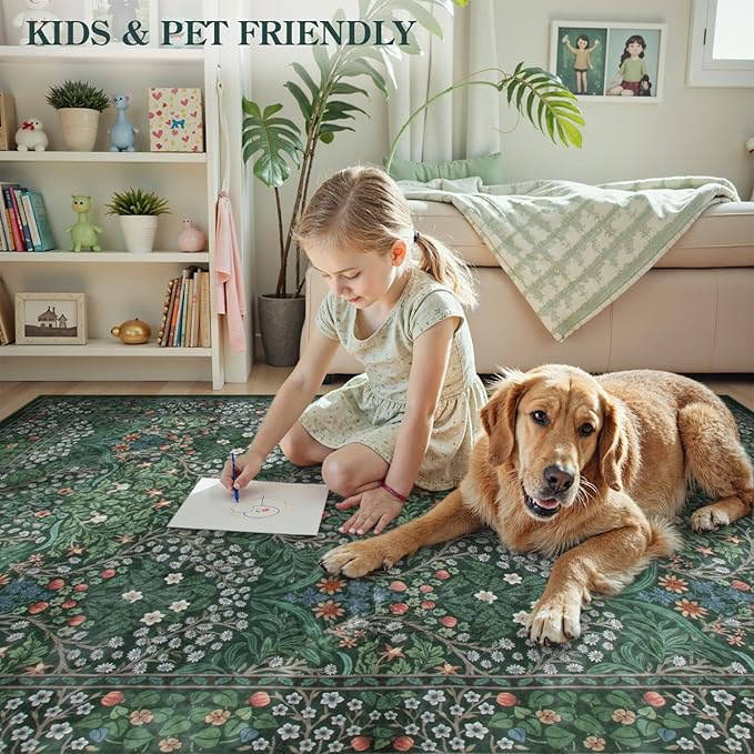 Lahome Floral Hallway Runner Rug Non Slip, 2'6''x10'Soft Washable Runners for Hallways, Ultra-Thin Green Kitchen Runner Distressed Carpet for Entryway Bathroom, Dark Green