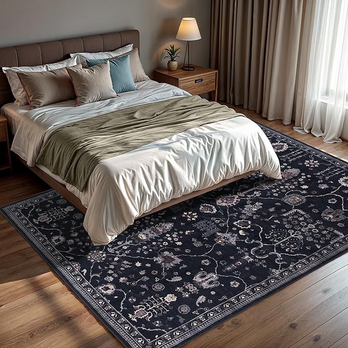 GLN Rugs Traditional Collection - Machine Washable Area Rug, Traditional Washable, Non Slip, Low Pile Chenille Rug, Living Room, Bedroom, Kitchen Rug (4' x 6' Black)