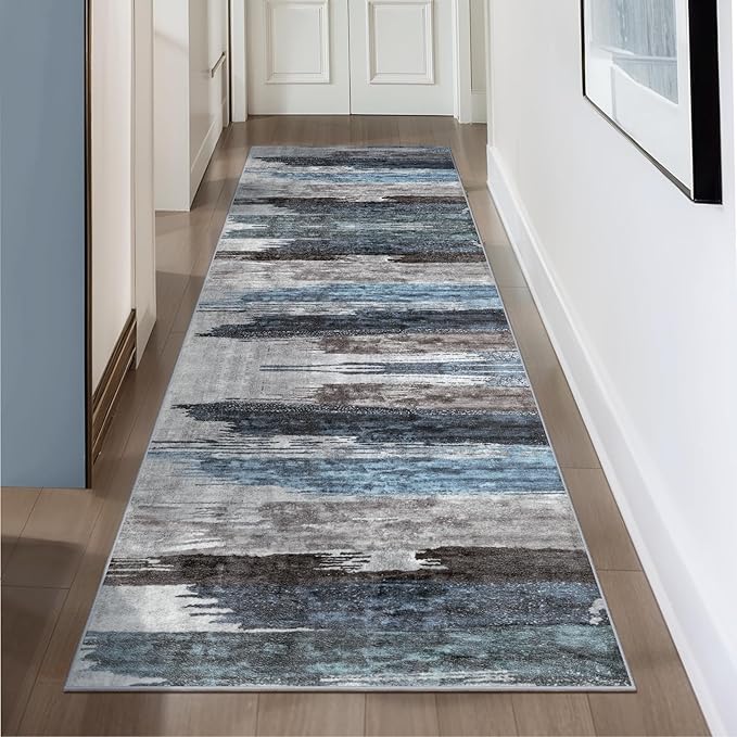 Ciicool 2x12 Washable Runner Rug, Modern Abstract Hallway Rugs Runner, Non-Slip Thin Accent Rug Lightweight Navy Grey Print Distressed Carpet for Laundry Entryway Bedroom Kitchen Indoor