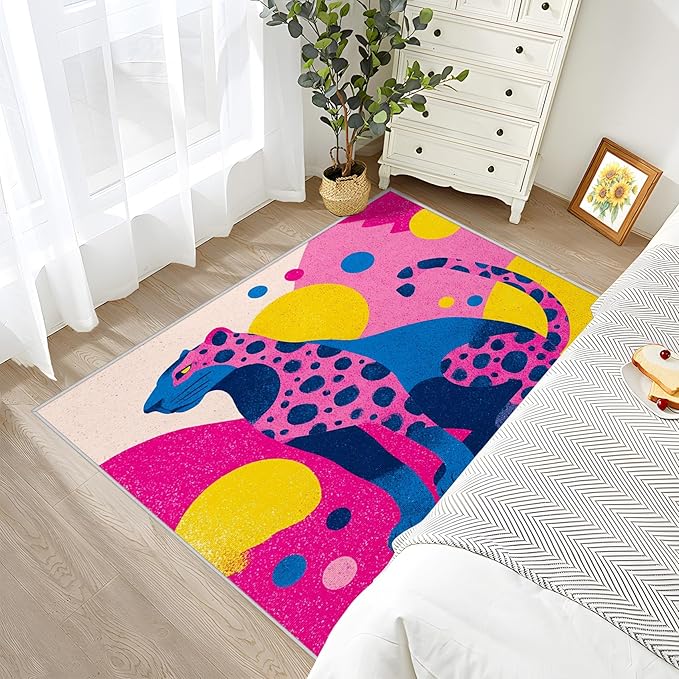 Leopard Rugs for Bedroom - 4x5ft - Colorful Abstract Geometric Animal Pop Art Rugs for Living Room Non Slip Low Pile Machine Washable Area Rug, Leopard Carpets Home Decor & Gifts