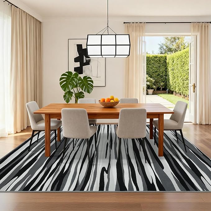 YIHOUSE 8×10 Ft Area Rugs for Living Room: Modern Abstract Black Grey and White Rug - Nonslip Washable Striped Rug for Bedroom Dining Room Office Playroom Nursery Home Decor
