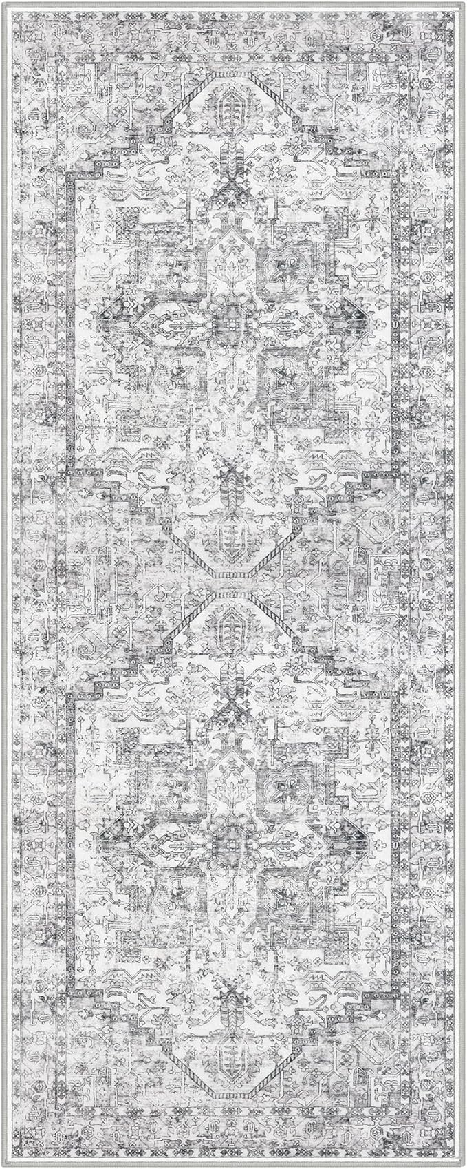 KOZYFLY Runners for Hallways 2x6 Ft Washable Kitchen Runner Rug Boho Runner Rug for Entryway Indoor Printed Oriental Faux Wool Floor Carpet Runner for Bedroom Kitchen Hall, Gray