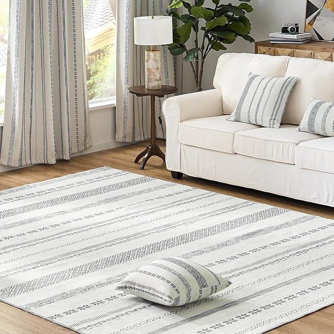 jinchan Moroccan Boho 5x7 Area Rugs for Bedroom - Machine Washable Soft Throw Rug Bohemian Ripple Design Non-Slip Neutral Carpet for Living Room Kitchen Dining Room Home Office (5‘x7', Grey)