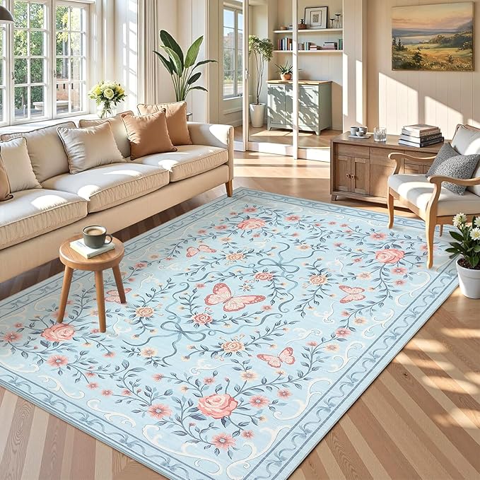 GarveeHome 8x10 Area Rugs for Living Room Washable Rugs Non Slip Stain Resistant Bedroom Floral Rugs Low Pile Soft Dining Room Throw Carpet Blue Bow Large Carpet for Home Office Decor, 8x10