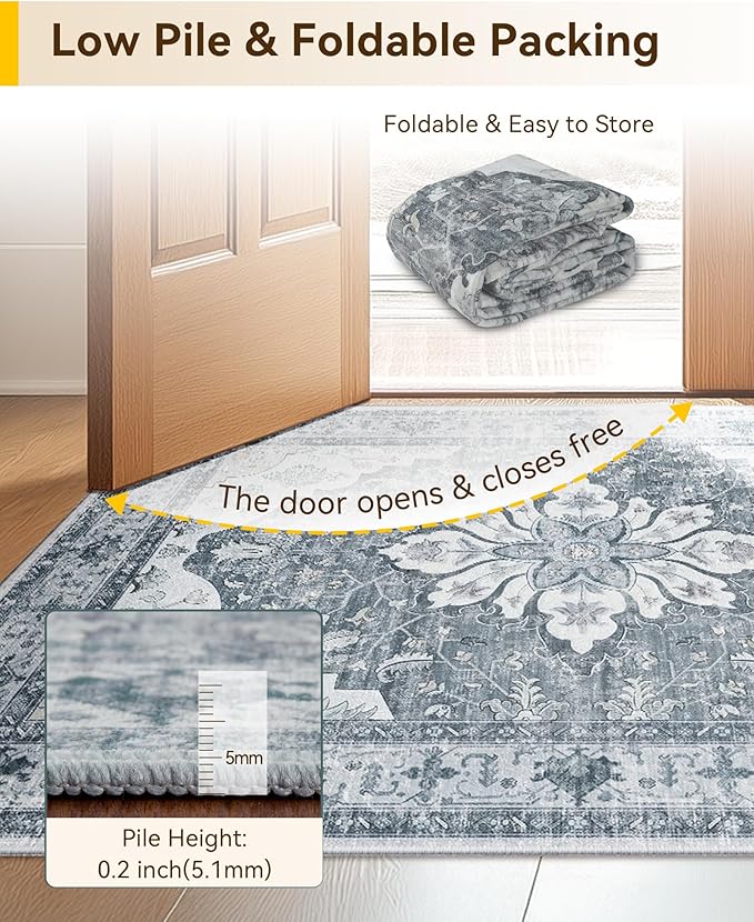 Area Rugs 2'x4' Washable Non-Slip, Floral Vintage Distress Print Pattern Medallion Carpet for Living Room Bedroom Dining Room, Light Gray Grey White