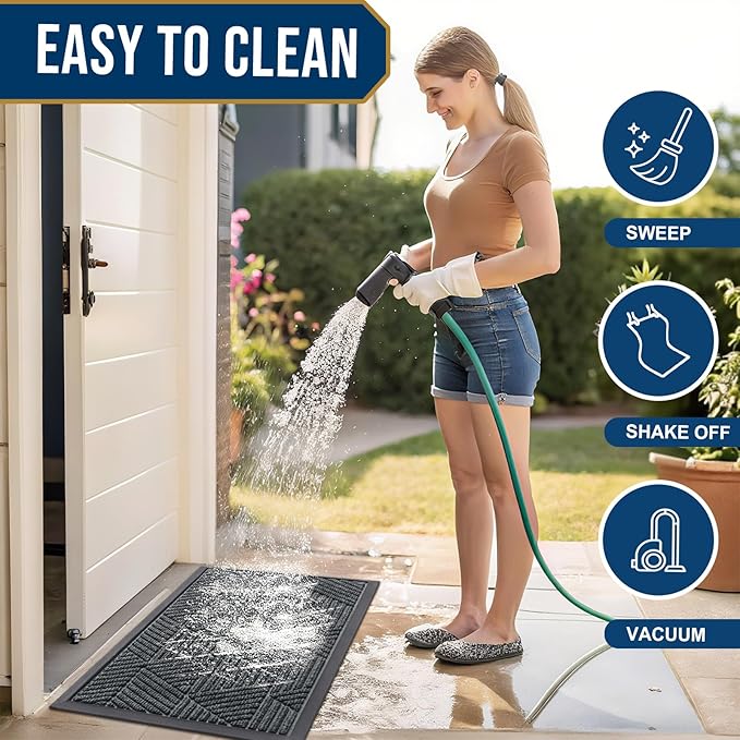 Kitinjoy Front Door Mat Outside Entrance, Sturdy Natural Dirt Trapper, Heavy Duty Rubber Doormat, Low Profile Non-Slip Backing, Easy Clean Floor Mat for Indoor Outdoor Entry, 29.5X17 Inch, Grey