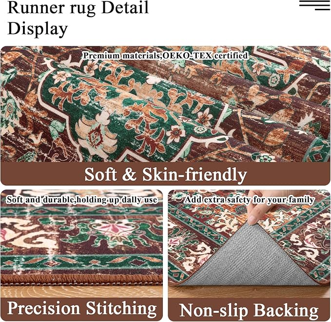 U'Artlines 3' x 10' Boho Hallway Runner Rug, Rust Non Slip Washable Vintage Farmhouse Accent Rug Carpet for Kitchen Entryway Laundry and Living Room (Rust＆Teal)