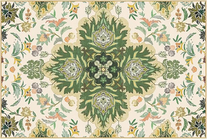 Phantoscope Washable Area Rug 6'x9' Non-Slip, Vintage Boho Rugs for Living Room, Bedroom, Dining Room, Neutral Green Floral Medallion Pattern, Low-Pile Foldable Floor Carpet, Forest Green/Cream