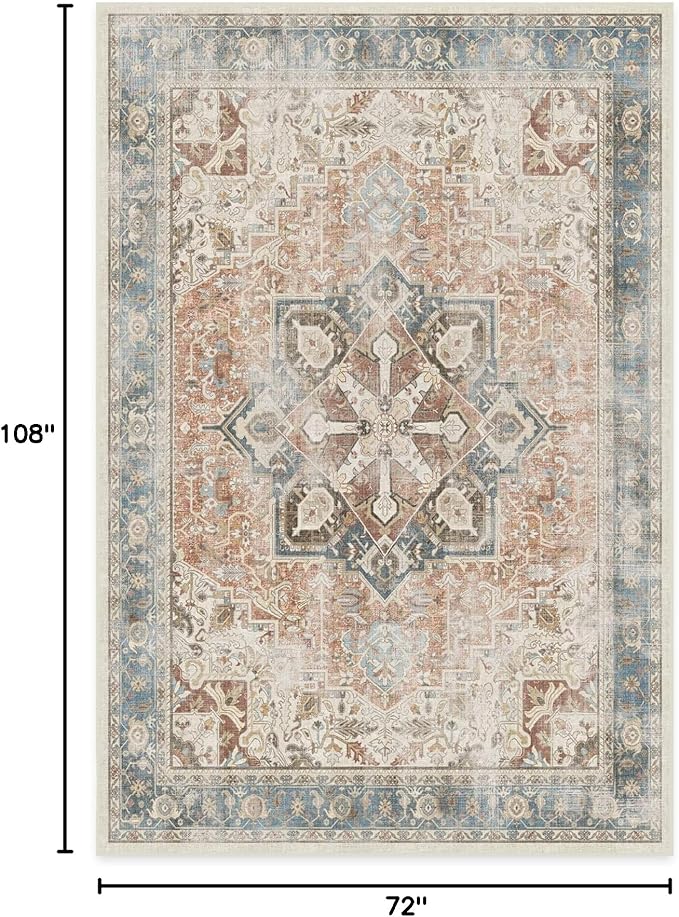 RUGGABLE Washable Vintage Area Rug – Kamran Coral 6x9, Stain-Resistant, Non-Slip – Medium Machine Washable Rugs for Living Room, Bedroom, Hallway, Entryway & Office–with Cushioned Pad