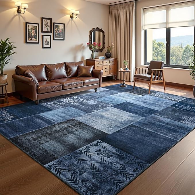 DweIke Large Modern Washable Area Rugs 8x10, Living Room Rug Non-Slip and Non-Shedding Large Rugs for Bedroom, Low Pile Indoor Rubber Backed Carpets for Dining Office Home Decor, Navy Blue