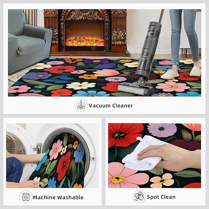 Boho Flowers Rugs for Bedroom - 6x9 Area Rug - Cartoon Flowers Rugs for Living Room, Abstract 3D Floral Rug, Non-Slip Washable Home Decor Carpet